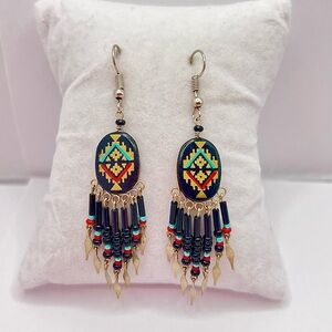 Boho Tribal Beaded Fringe Dangle Earrings – Southwestern Style
